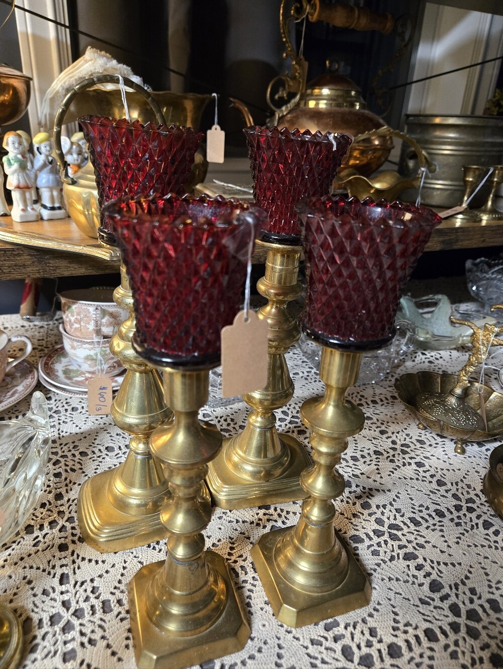 Vintage Brass-Tone & Ruby Red Glass Candlesticks – Pair